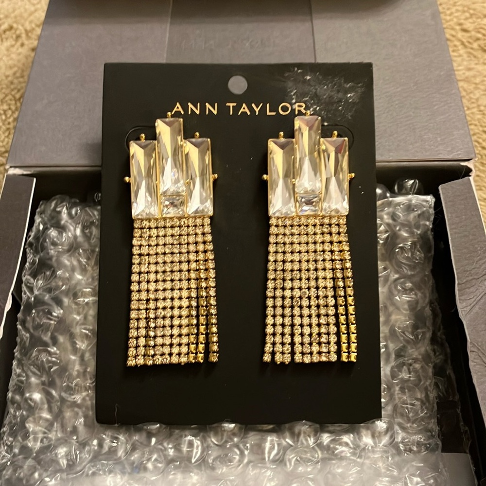 Ann Taylor Rectangular Crystal Chandelier Earrings NEW IN BOX.
